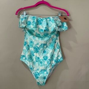 Shade & Shore Women's M Floral Print Ruffle Bandeau Cheeky One Piece Swimsuit